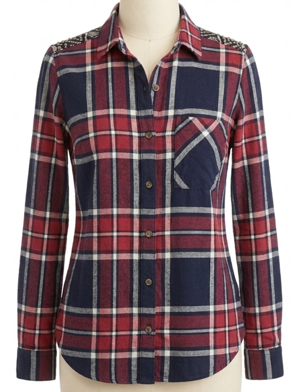 Polly & Esther Studded Shoulder Plaid Flannel Button Down Shirt Red Navy NWT